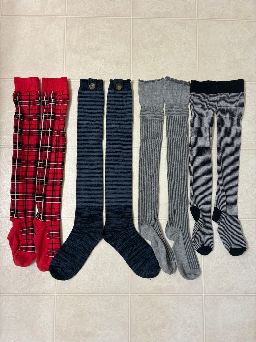 🌷3 for $25🌷Unbranded, USOS, 4 Pairs of Red Blue Grey & Black Over The Knee Socks